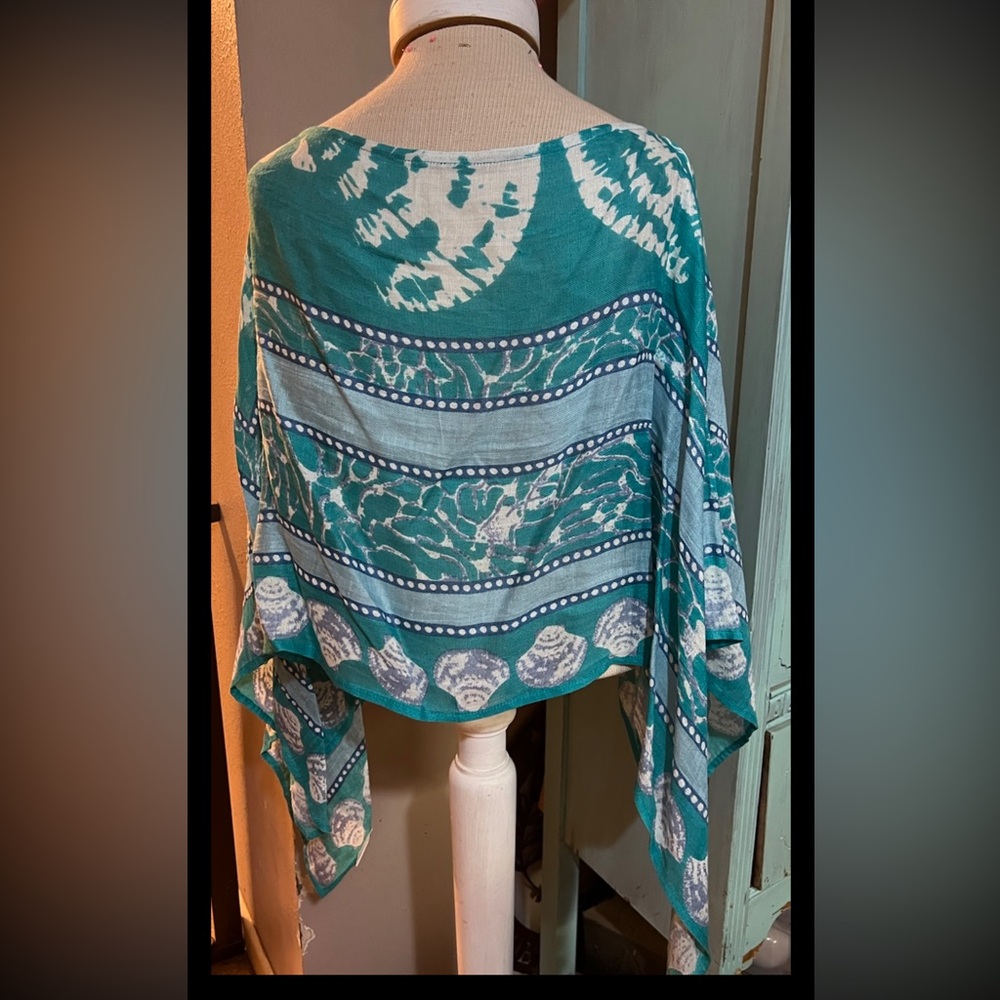 Mud Pie Cape Scarf Shrug Wrap Beachy Coastal Linen Viscose Medium M Sea Shells